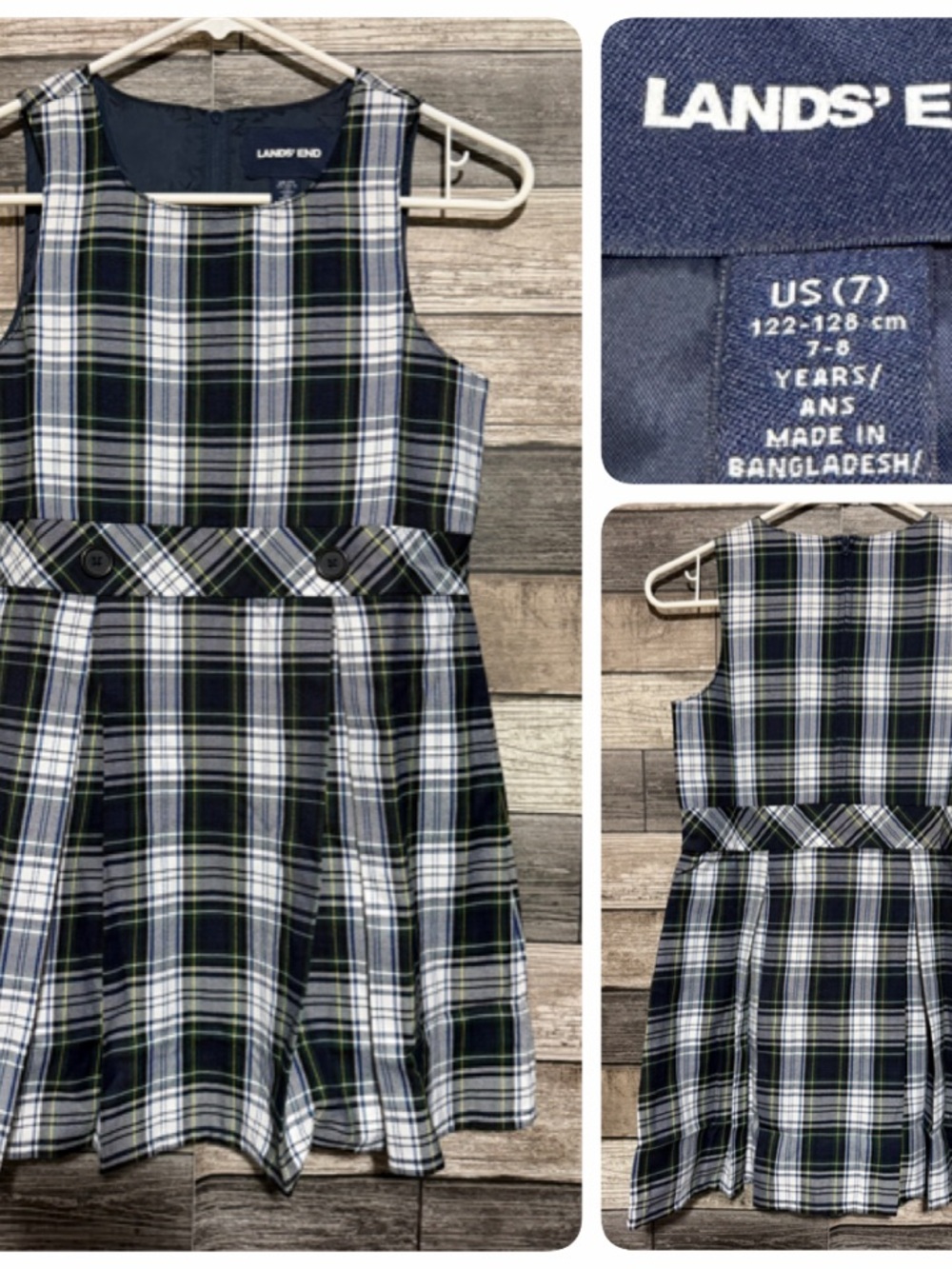 Lands' End Uniform Plaid Jumper Dress Blue Sleeveless Pleated Girls Size 7